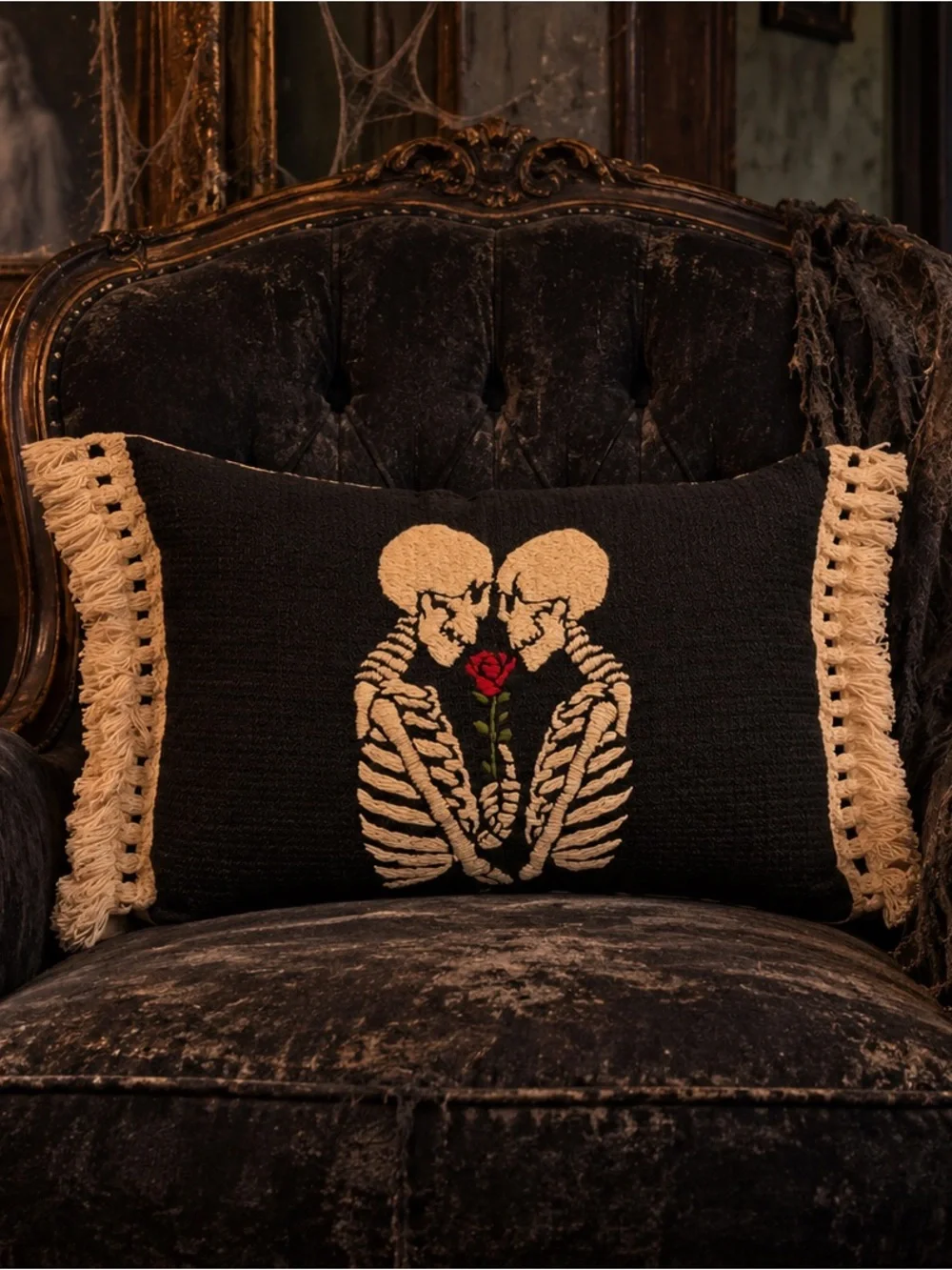 Hand Embroidered Skeletons with Red Rose Accent Pillow Halloween